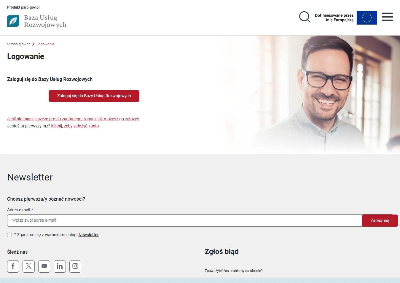 Ekran logowania do Bazy Usług Rozwojowych z przyciskiem logowania przez login.gov.pl