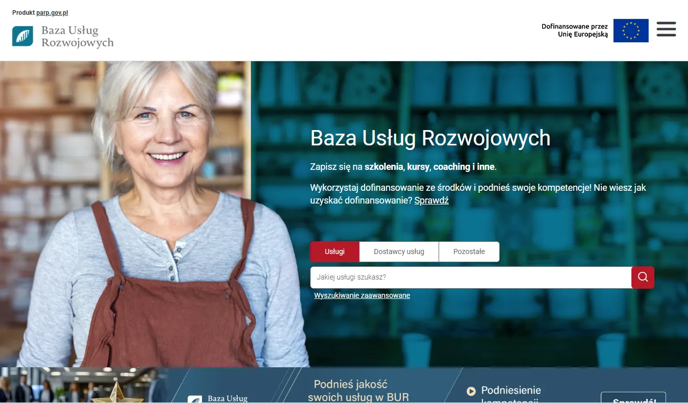 Strona główna Bazy Usług Rozwojowych - wyszukiwarka usług na środku ekranu