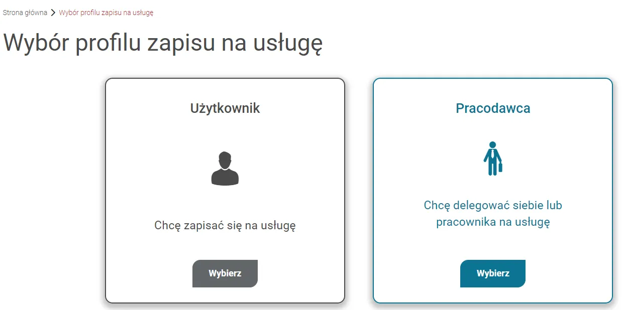 Ekran wyboru profilu zapisu na usługę - kafle Użytkownik i Pracodawca